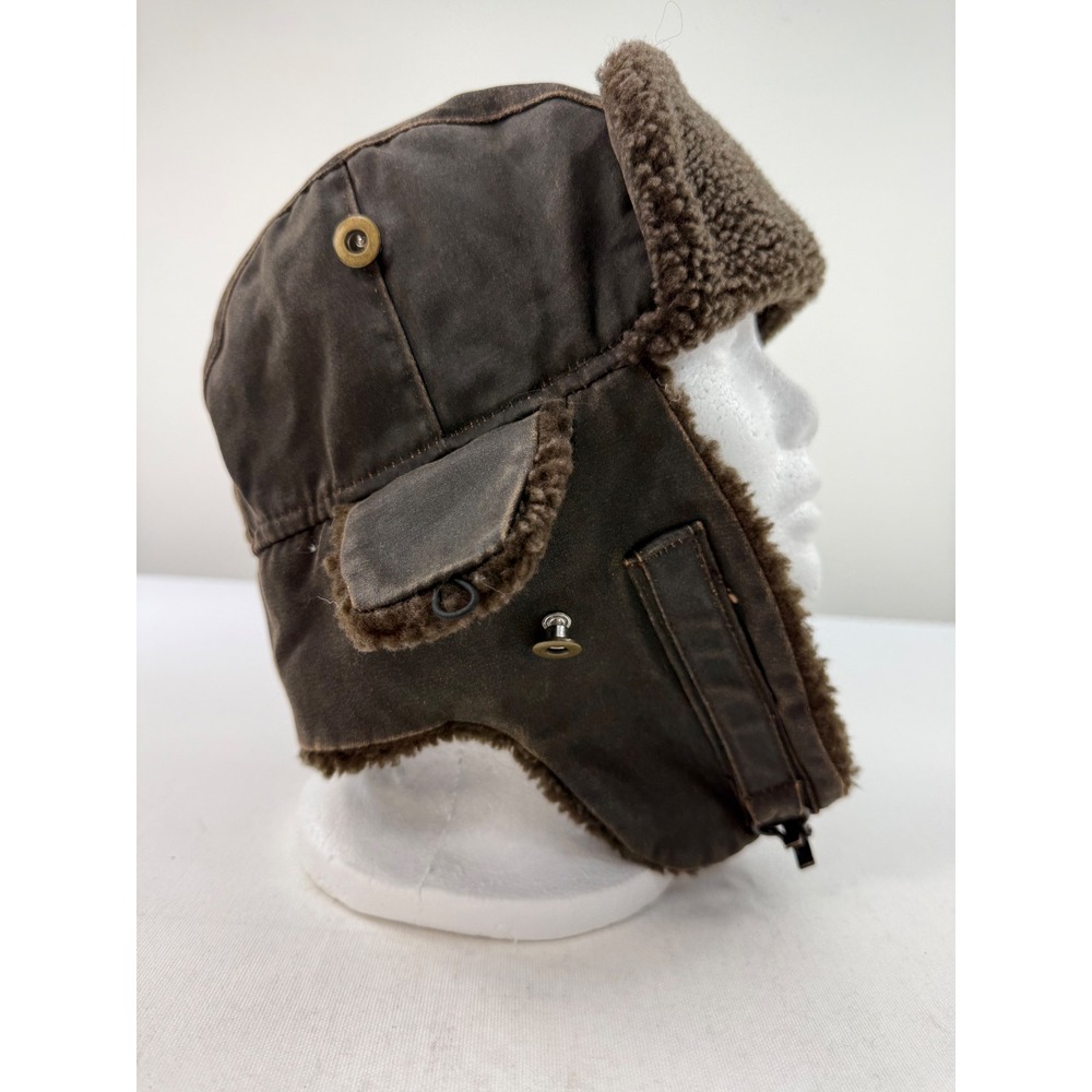 DPC Dorfman Pacific Brown Waxed Trapper Hat Ear Flaps Sherpa L